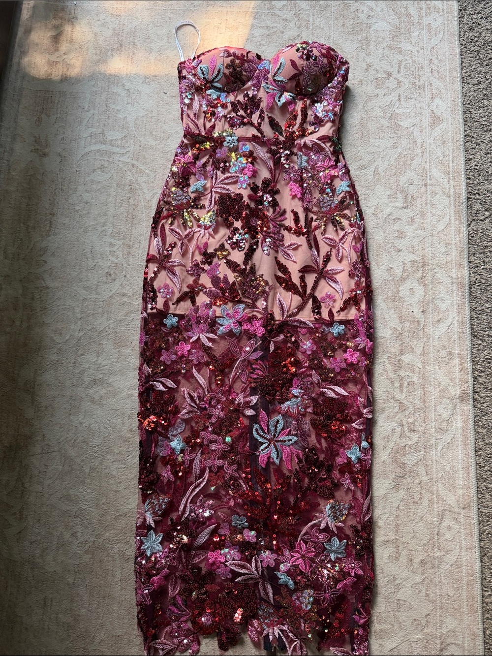 Strapless Embellished Floral Midi Dress in Rose Pink